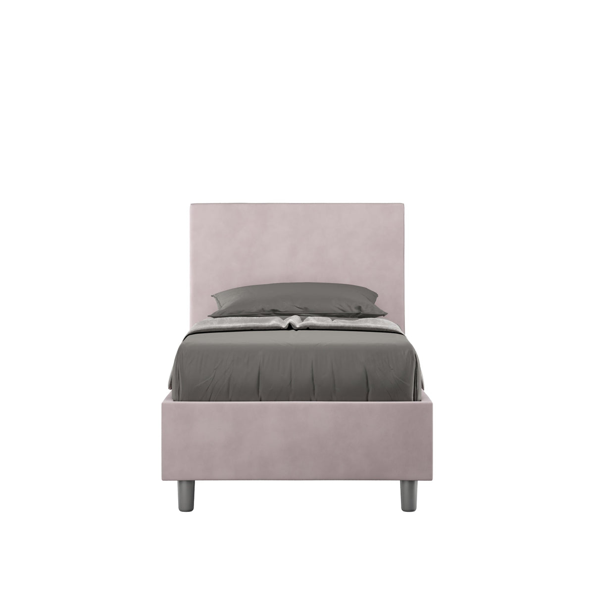 Letto singolo contenitore imbottito 90x200 microfibra Adele rosa cipria, con testata alta e piedini grigi. Ideale per camere femminili e raffinate.