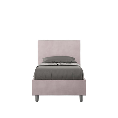 Letto singolo contenitore imbottito 90x200 microfibra Adele rosa cipria, con testata alta e piedini grigi. Ideale per camere femminili e raffinate.