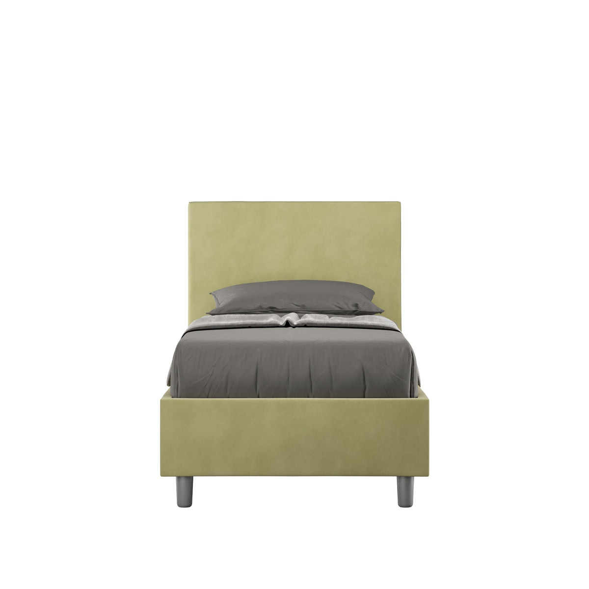 Letto singolo contenitore imbottito 90x200 microfibra Adele verde salvia, con testata alta e piedini grigi. Perfetto per ambienti naturali e rilassanti.