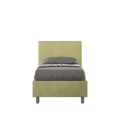 Letto singolo contenitore imbottito 90x200 microfibra Adele verde salvia, con testata alta e piedini grigi. Perfetto per ambienti naturali e rilassanti.