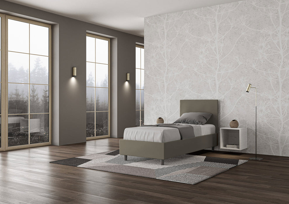 Letto singolo Adele grigio-verde con contenitore, struttura in similpelle e testiera imbottita, ideale per camere moderne e funzionali.