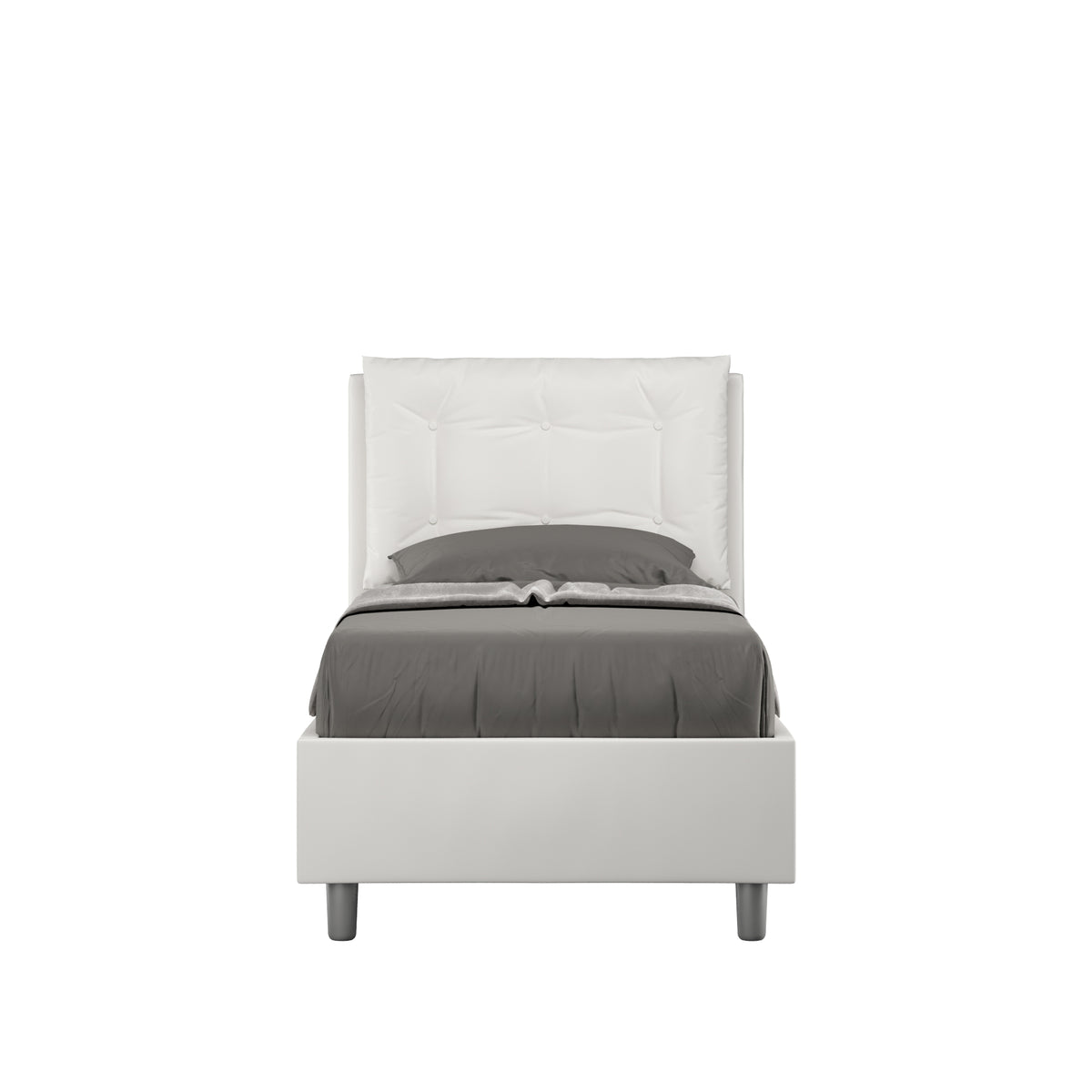 Letto singolo imbottito similpelle Annalisa bianco con testata trapuntata e giroletto imbottito, senza rete, ideale per camere moderne.