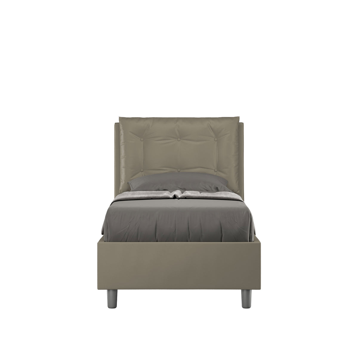 Letto singolo imbottito similpelle Annalisa grigio con testata trapuntata e giroletto imbottito, senza rete, ideale per camere contemporanee.