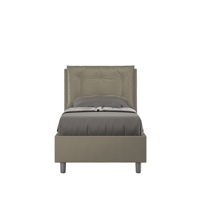 Letto singolo imbottito similpelle Annalisa verde oliva con testata trapuntata e giroletto, ideale per ambienti moderni.