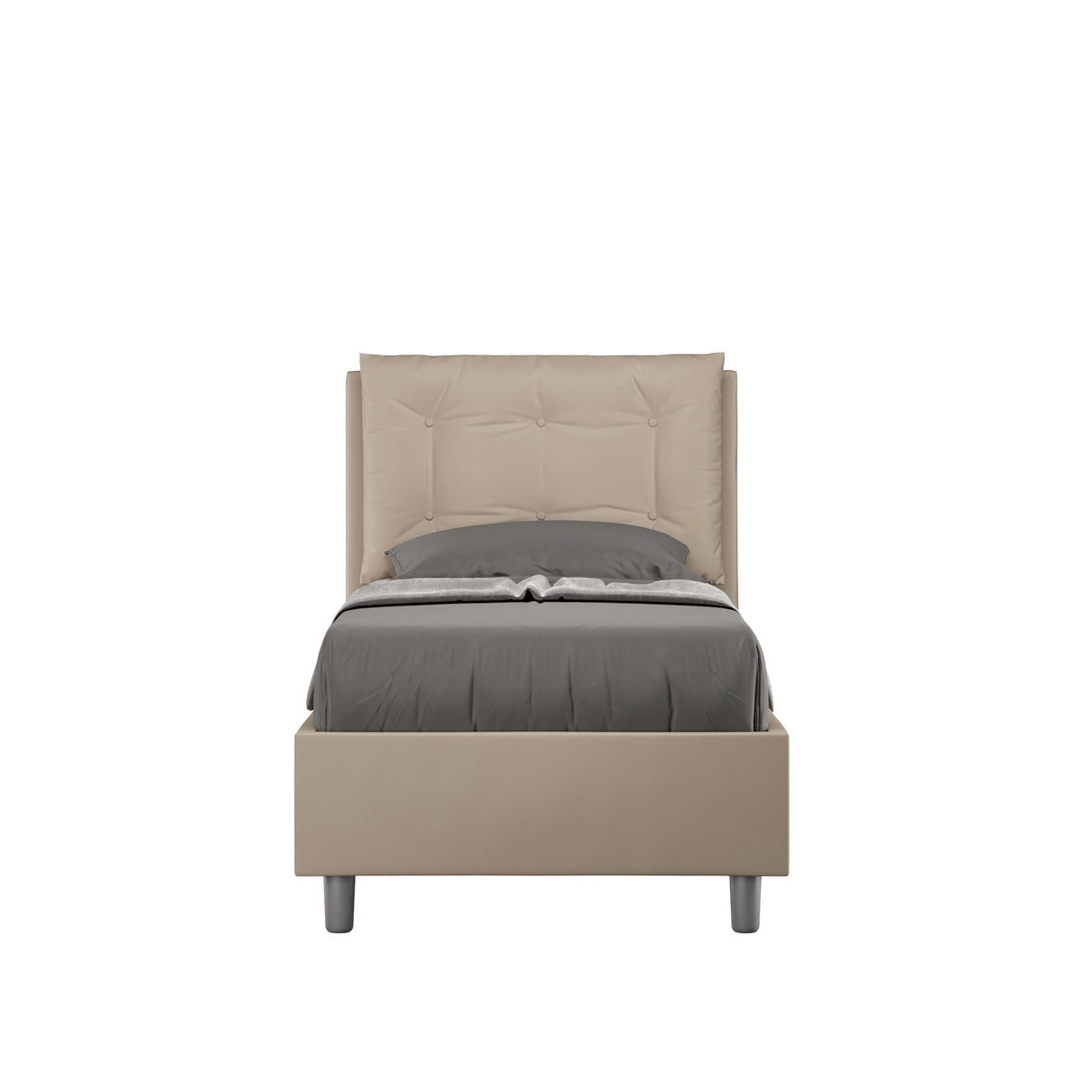 Letto singolo imbottito similpelle Annalisa beige con testata trapuntata e giroletto, perfetto per camere raffinate.