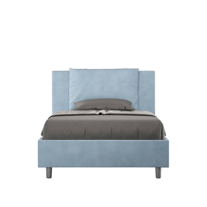 Letto singolo contenitore imbottito 100x200 microfibra Antea in azzurro chiaro, design moderno e funzionale per camere giovani.