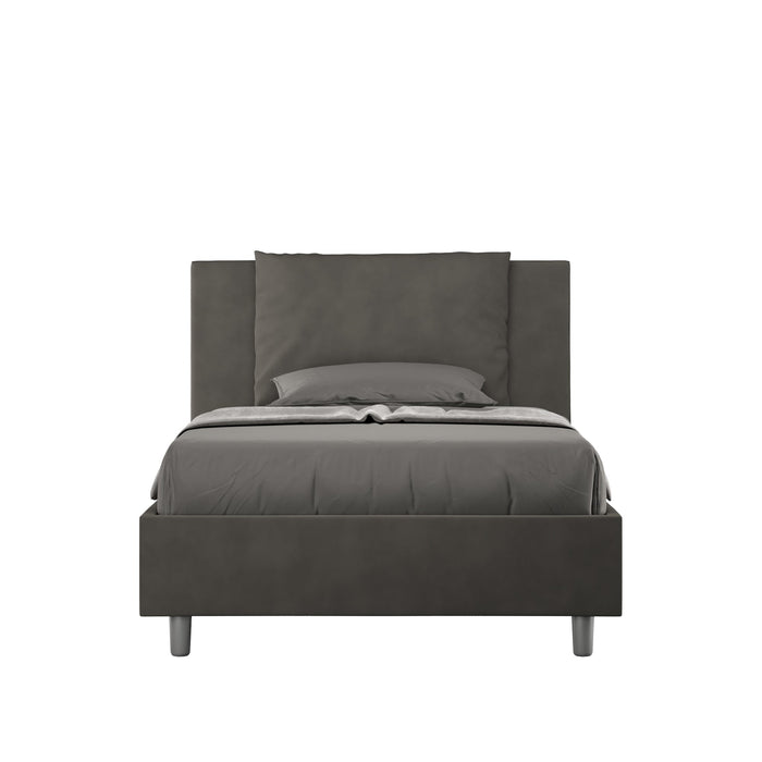 Letto singolo contenitore imbottito 100x190 microfibra Antea in grigio scuro, ideale per camere moderne e salvaspazio.