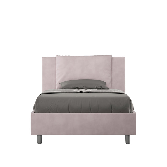 Letto singolo contenitore imbottito 100x190 microfibra Antea in rosa cipria, ideale per camere femminili e moderne.