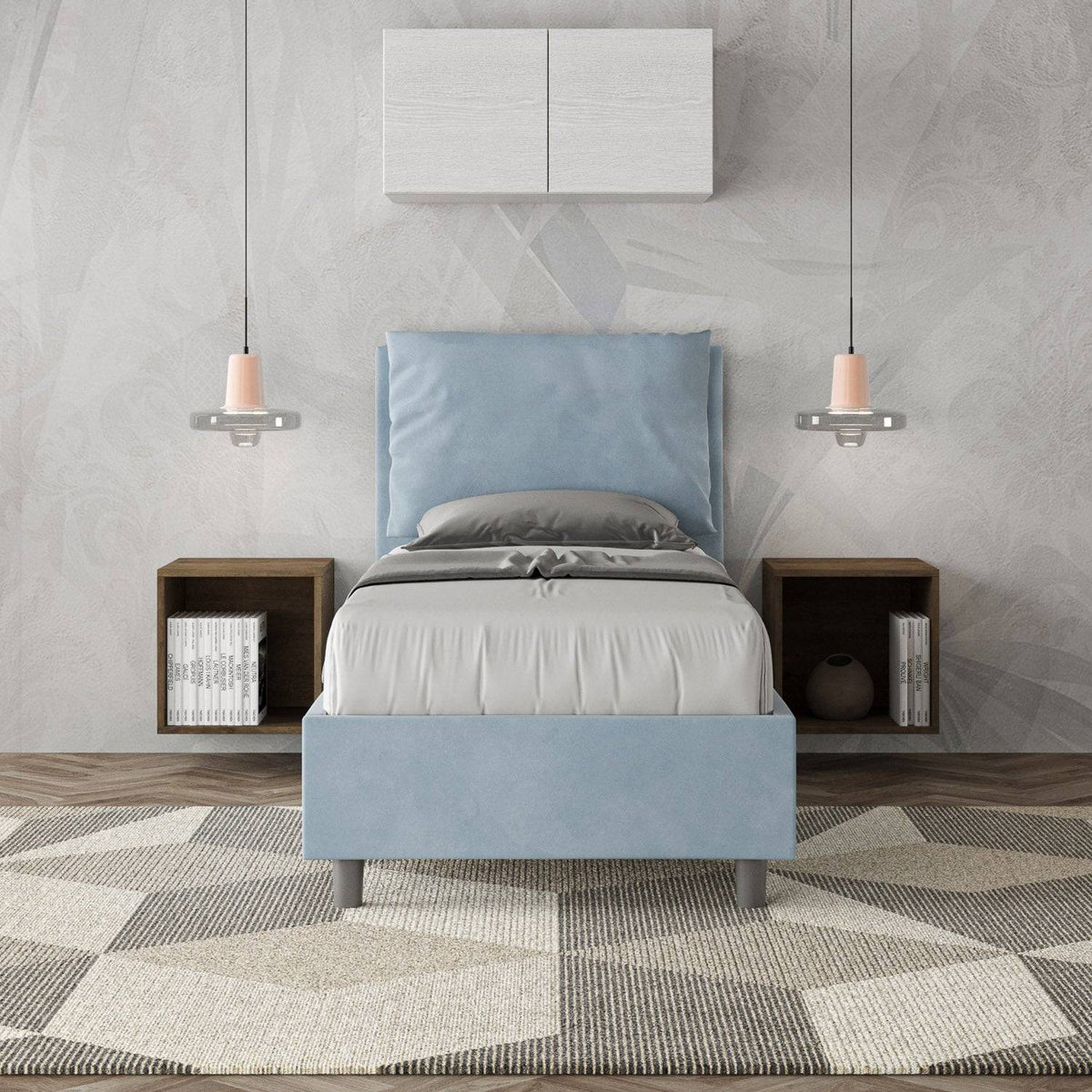 Letto Antea 90x210 azzurro con contenitore, arredo elegante e funzionale per spazi giovani e dinamici.