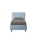 Letto singolo contenitore imbottito Antea 90x190 in microfibra azzurro chiaro, design moderno e funzionale.