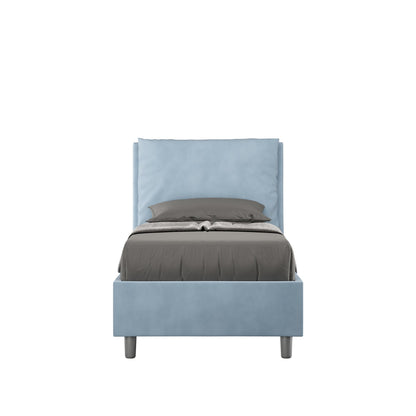 Letto singolo contenitore imbottito 90x210 microfibra Antea in azzurro chiaro, perfetto per camerette moderne.