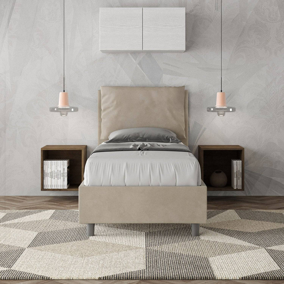 Letto Antea 90x210 beige con contenitore, perfetto per arredare camere moderne con eleganza.