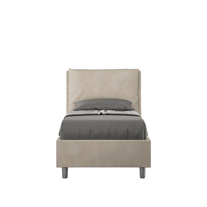 Letto singolo contenitore imbottito Antea 90x190 in microfibra beige, perfetto per camere dallo stile neutro.