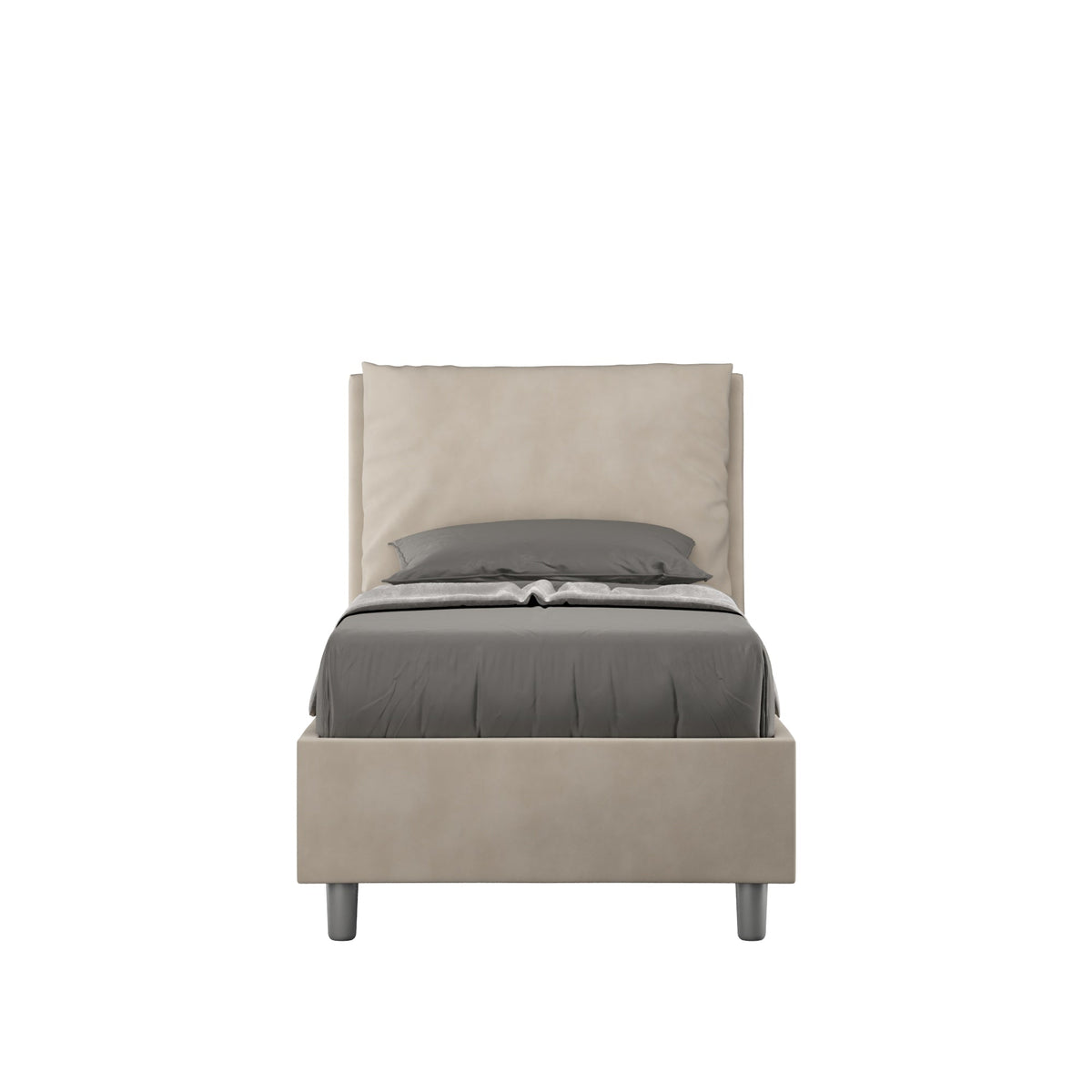 Letto singolo contenitore imbottito 90x210 microfibra Antea in beige chiaro, stile sobrio e raffinato.