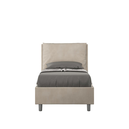 Letto singolo contenitore imbottito 90x210 microfibra Antea in beige chiaro, stile sobrio e raffinato.