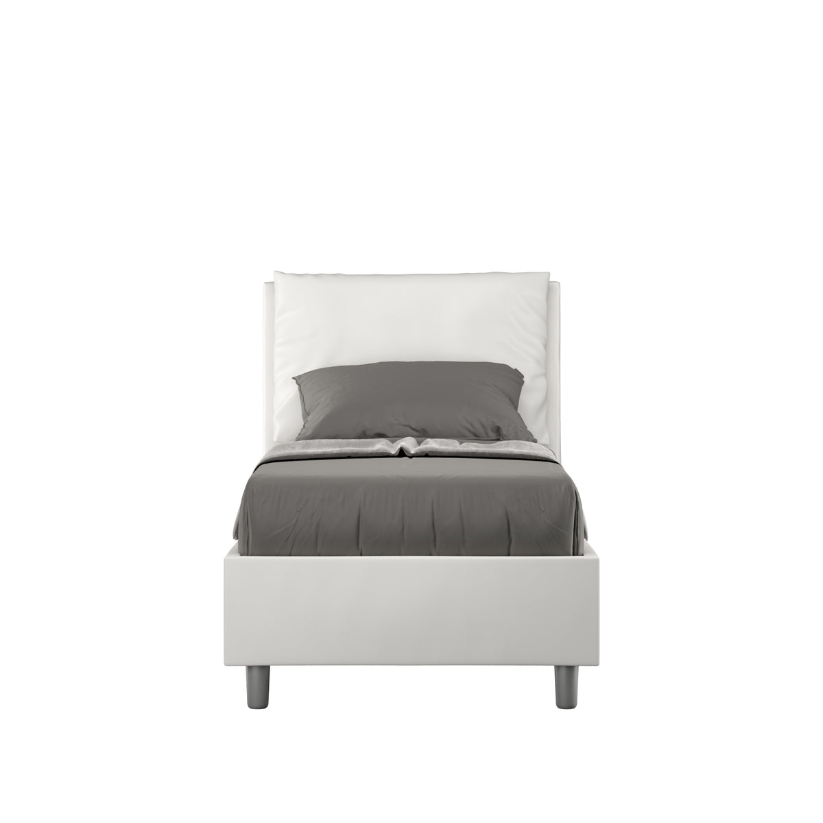 Letto singolo imbottito similpelle Antea bianco con testata alta e cuscino grigio, ideale per camere moderne e minimaliste.