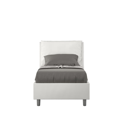 Letto singolo imbottito similpelle Antea bianco con testata alta e cuscino grigio, ideale per camere moderne e minimaliste.