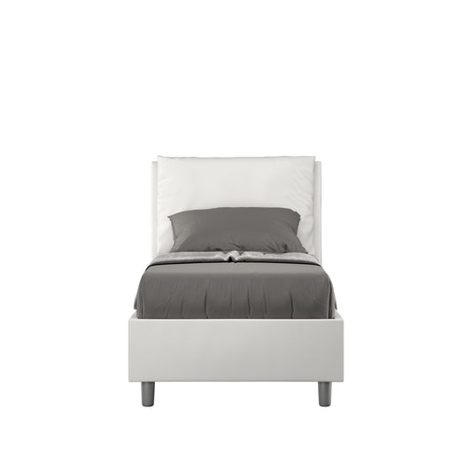 Letto singolo imbottito similpelle Antea bianco con testata alta e cuscino grigio, ideale per camere moderne e minimaliste.