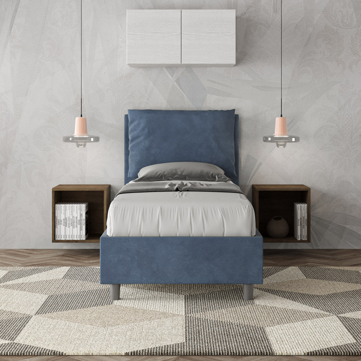 Letto Antea blu navy 80x190 in microfibra con testata imbottita, inserito in una camera elegante con arredi sospesi e tappeto geometrico.