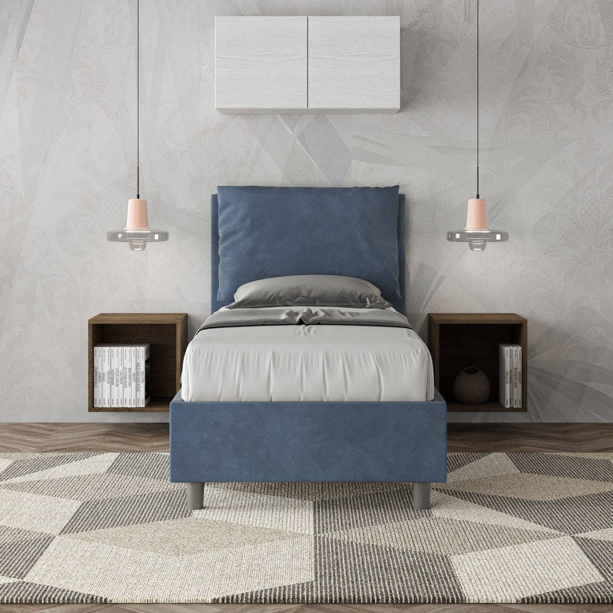 Letto singolo contenitore imbottito 90x210 microfibra Antea in blu navy, perfetto per ambienti eleganti e moderni.