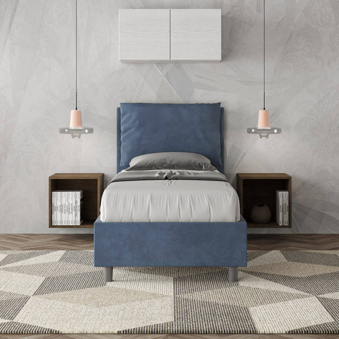 Letto singolo contenitore imbottito 90x210 microfibra Antea in blu navy, perfetto per ambienti eleganti e moderni.