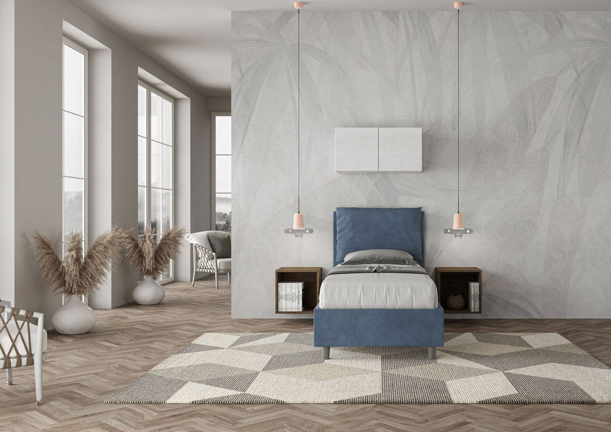 Letto Antea 90x210 blu con contenitore, soluzione salvaspazio per camere da letto contemporanee.