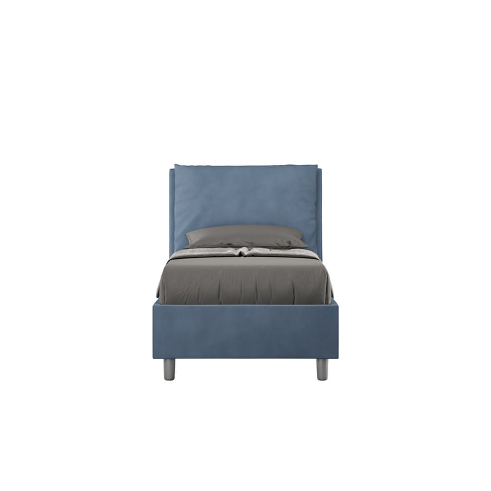 Letto singolo imbottito Antea 80x210 in microfibra blu scuro, con testata alta e giroletto imbottiti, senza rete.