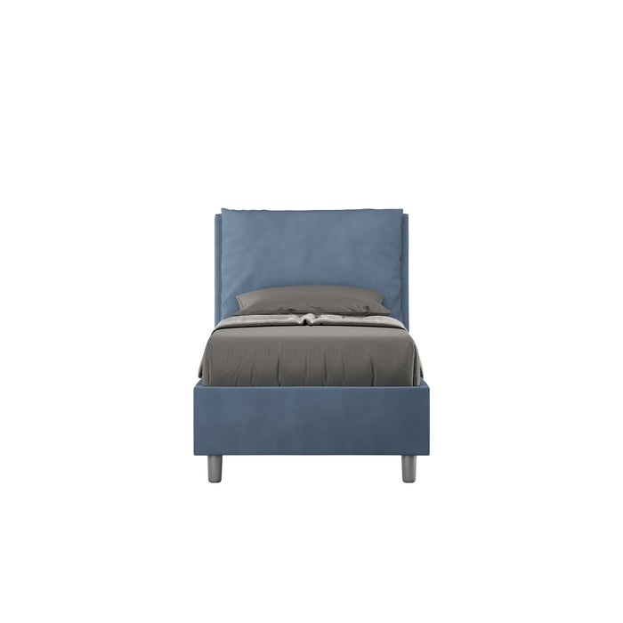 Letto singolo contenitore imbottito Antea 90x190 in microfibra blu, ideale per camere moderne e funzionali.