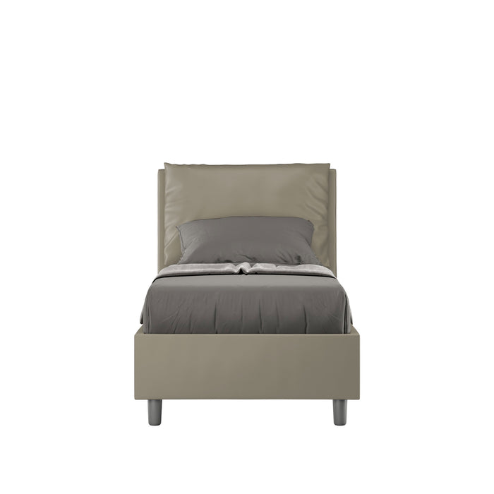 Letto singolo imbottito similpelle Antea grigio-verde senza rete, con rete e contenitore, ideale per ambienti raffinati e funzionali.