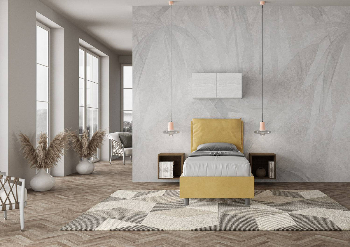 Letto singolo contenitore imbottito 90x210 microfibra Antea in giallo senape, design vivace e moderno.