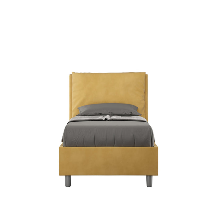 Letto singolo contenitore imbottito Antea 90x190 in microfibra gialla, perfetto per ambienti vivaci e moderni.