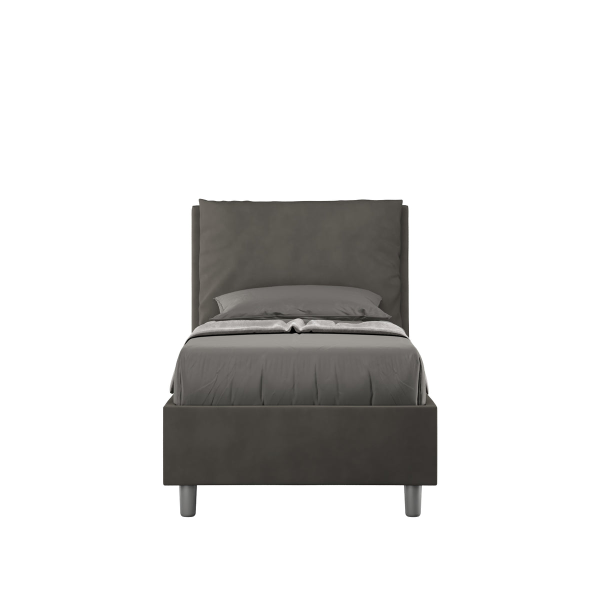 Letto singolo imbottito 80x190 microfibra Antea grigio antracite con testiera alta, perfetto per ambienti moderni e raffinati.