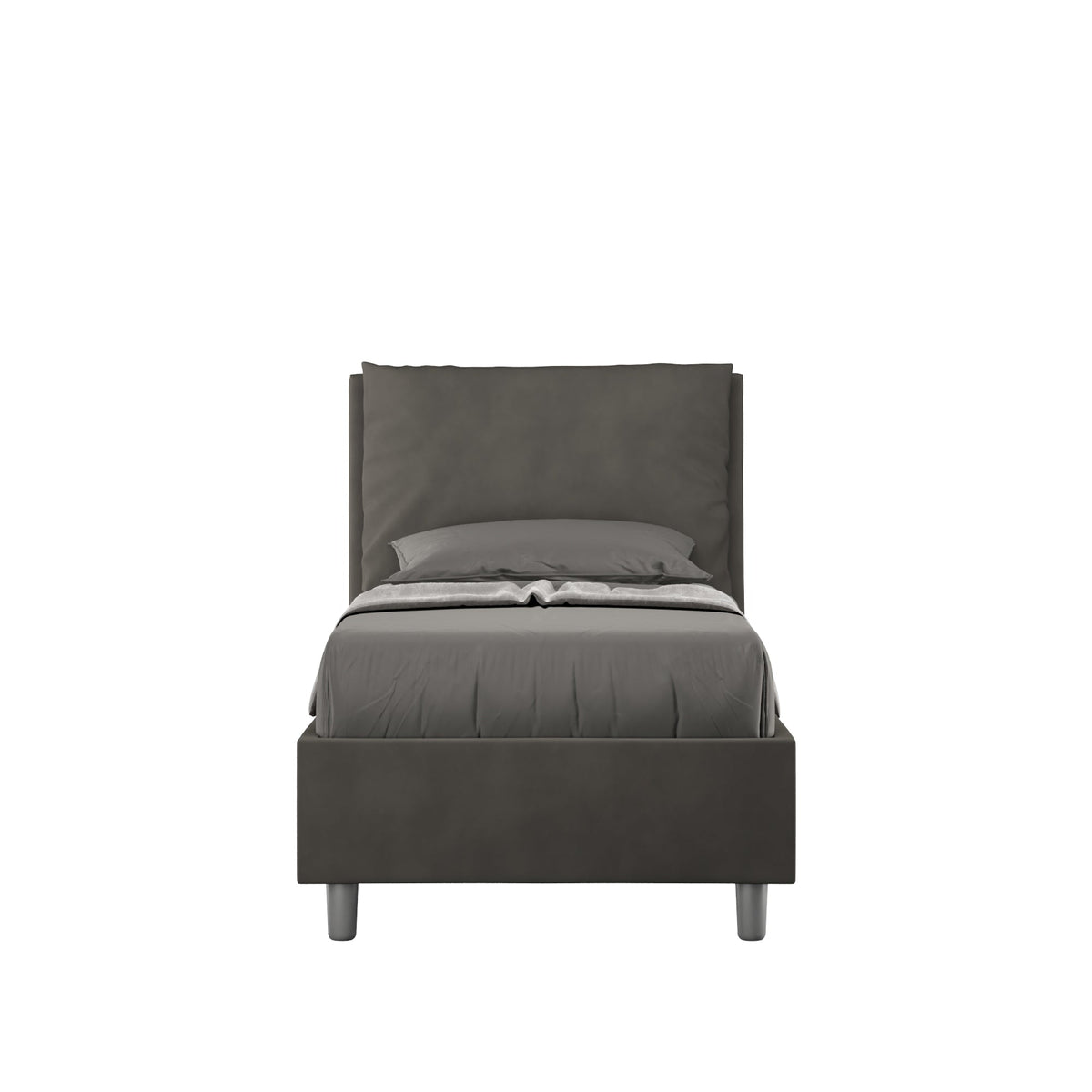 Letto singolo contenitore imbottito 90x210 microfibra Antea in grigio scuro, ideale per camere moderne e salvaspazio.