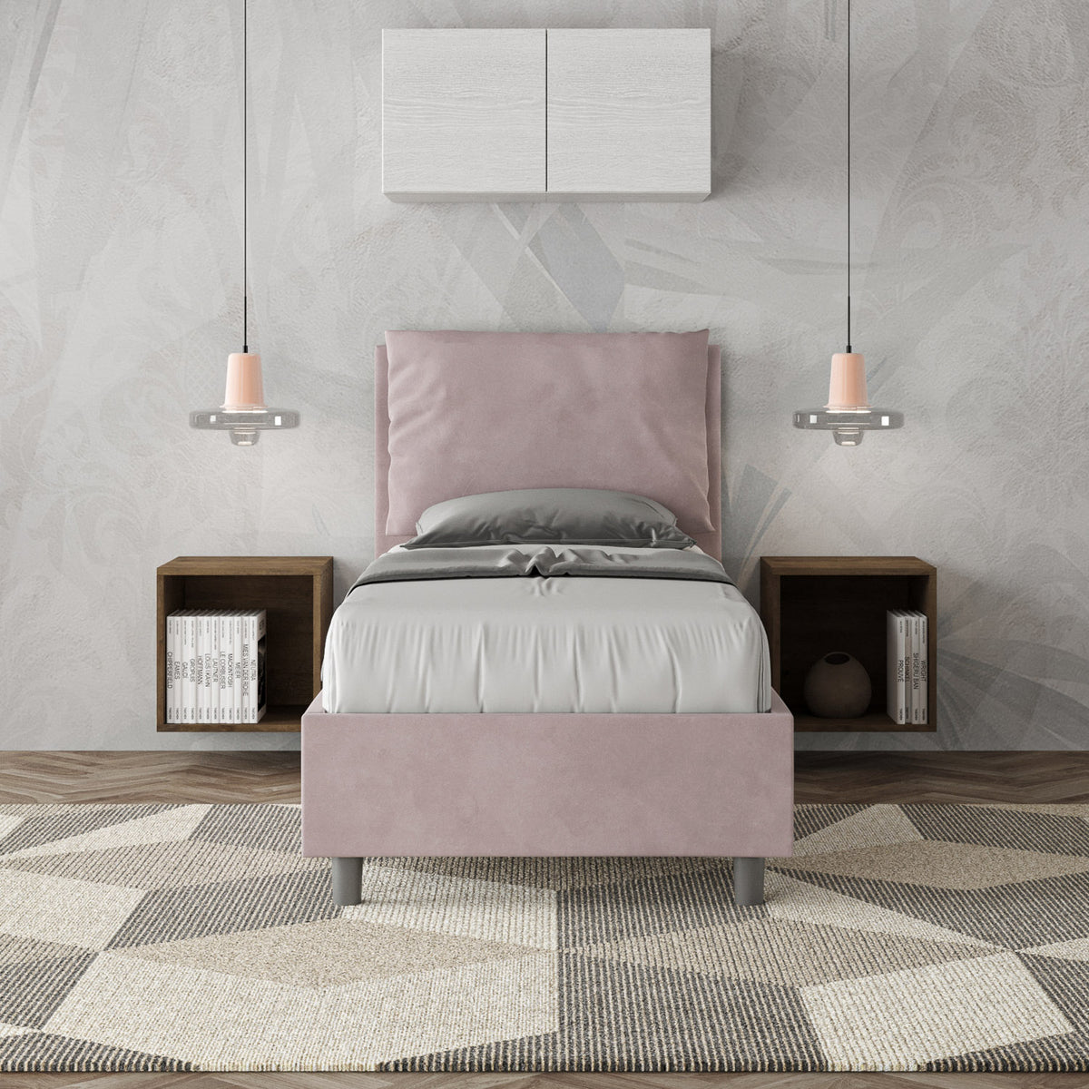 Letto singolo Antea 80x190 rosa cipria in microfibra con testiera imbottita, inserito in una camera elegante con arredi sospesi.