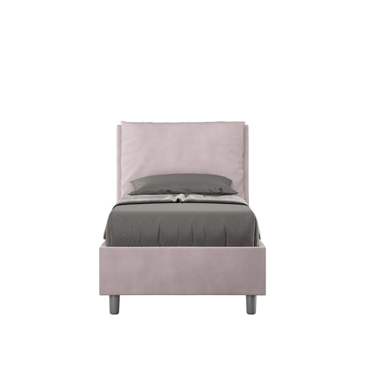 Letto singolo imbottito Antea 80x210 in microfibra rosa cipria, con testata alta e giroletto imbottiti, senza rete.