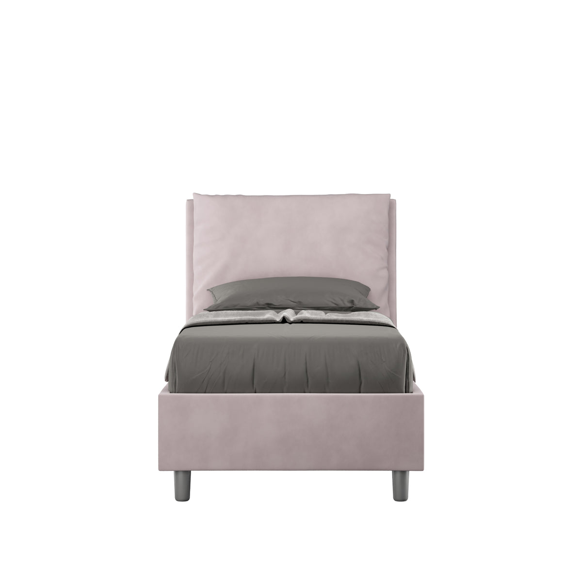 Letto singolo imbottito 80x190 microfibra Antea rosa cipria con testata alta e giroletto, ideale per camere moderne e funzionali.