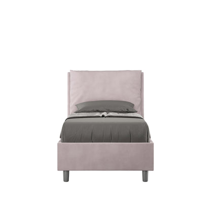 Letto singolo imbottito 80x190 microfibra Antea rosa cipria con testata alta e giroletto, ideale per camere moderne e funzionali.