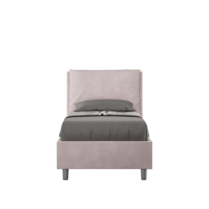 Letto singolo imbottito 80x200 microfibra Antea in rosa cipria con testata imbottita e giroletto, ideale per camere moderne.