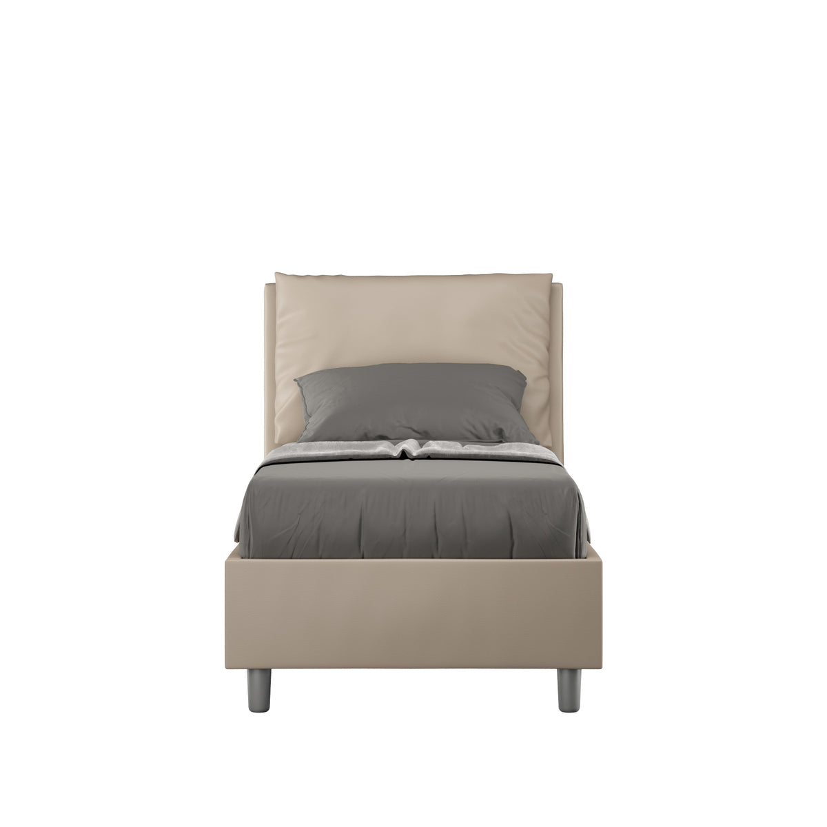 Letto singolo imbottito similpelle Antea beige con cuscino grigio, design moderno e struttura compatta per spazi ridotti.