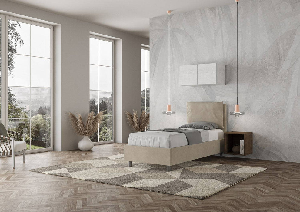 Letto singolo Antea beige con contenitore, perfetto per ambienti moderni e funzionali.