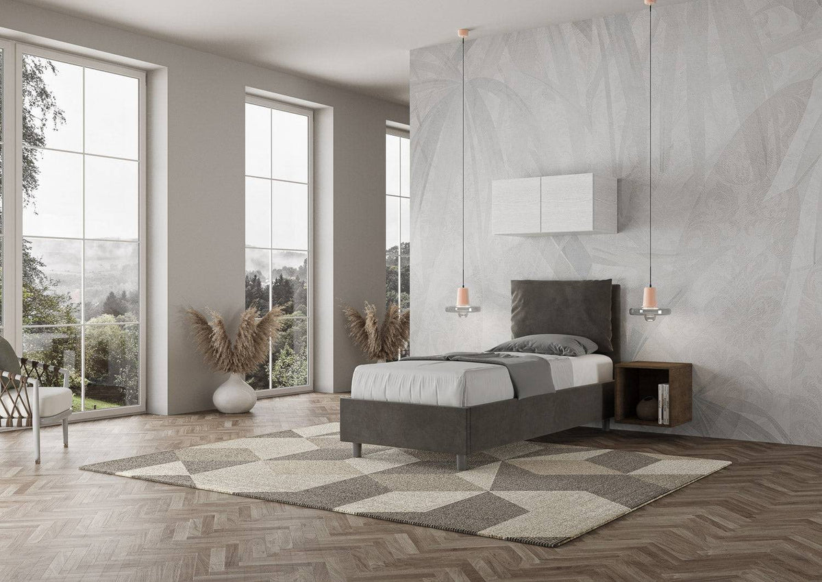 Letto Antea 90x210 grigio scuro con contenitore, design elegante per camere da letto contemporanee.