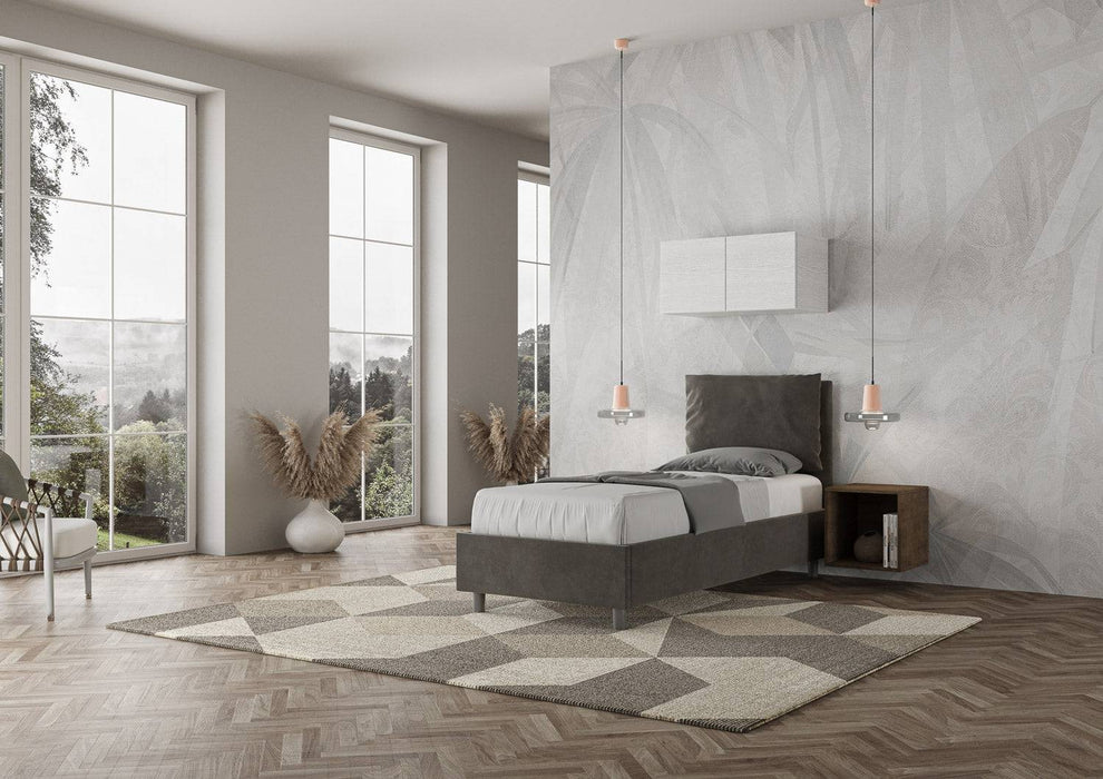 Letto Antea 90x210 grigio scuro con contenitore, design elegante per camere da letto contemporanee.