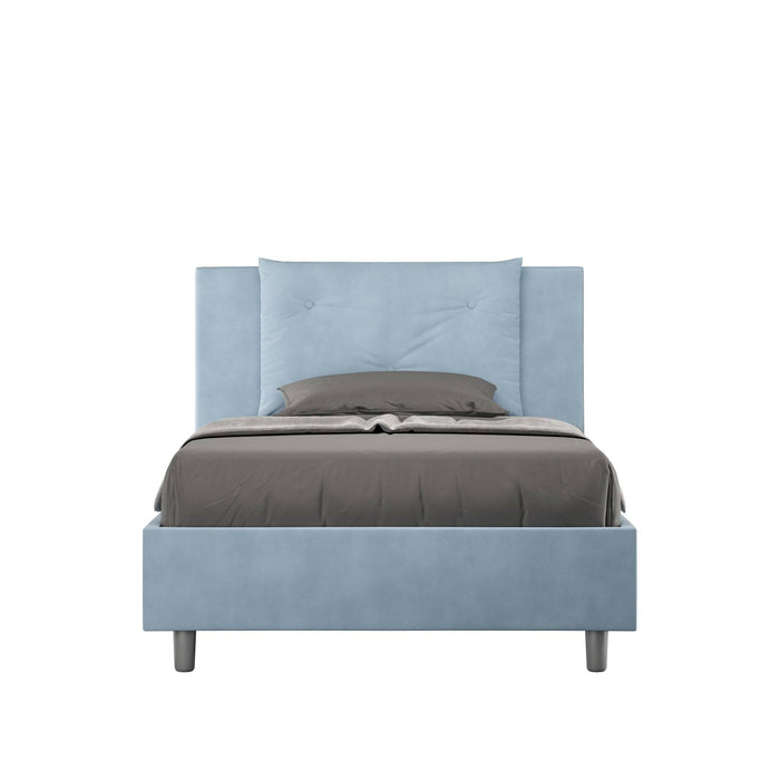 Letto singolo contenitore imbottito 100x200 microfibra Appia in azzurro chiaro, perfetto per ambienti freschi e moderni.