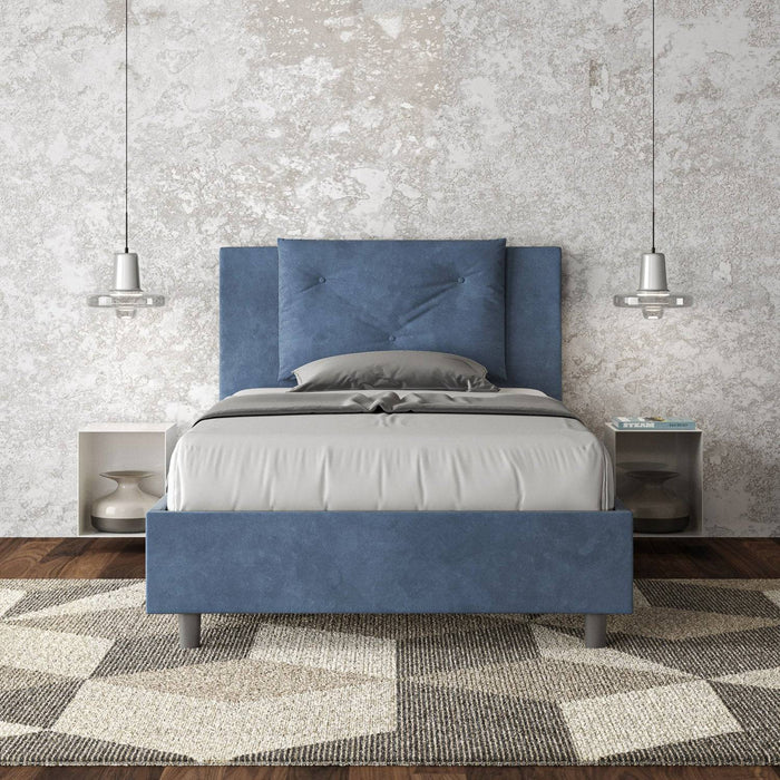 Letto singolo Appia blu navy con contenitore, ideale per arredare camere da letto con stile e funzionalità.