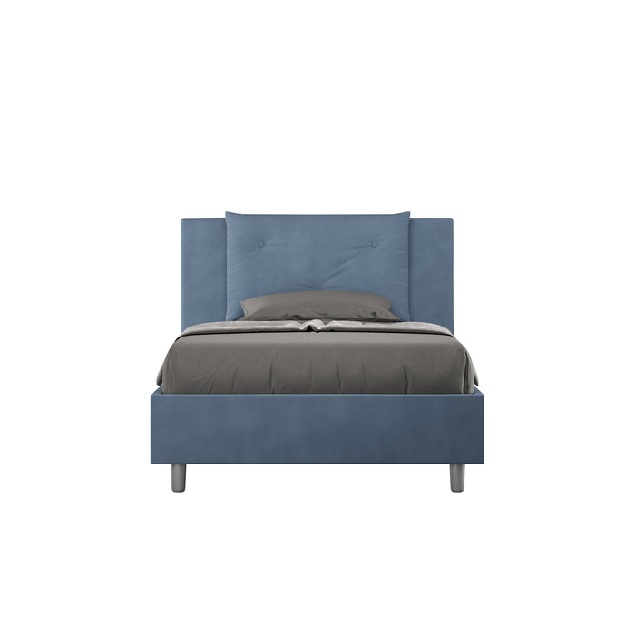Letto singolo contenitore imbottito Appia 100x210 in microfibra blu navy, con testiera trapuntata e gambe moderne.