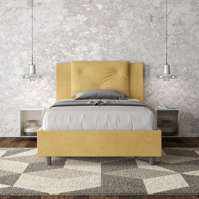 Letto singolo Appia giallo senape con contenitore, perfetto per arredare camere da letto con un tocco di colore.