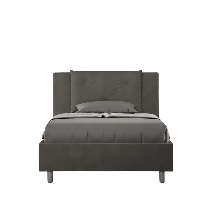 Letto singolo contenitore imbottito 100x200 microfibra Appia in grigio scuro, ideale per camere moderne con spazio extra salvaspazio.