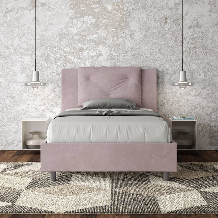 Letto singolo Appia rosa cipria con contenitore, design elegante per arredare camere da letto con stile e comfort.