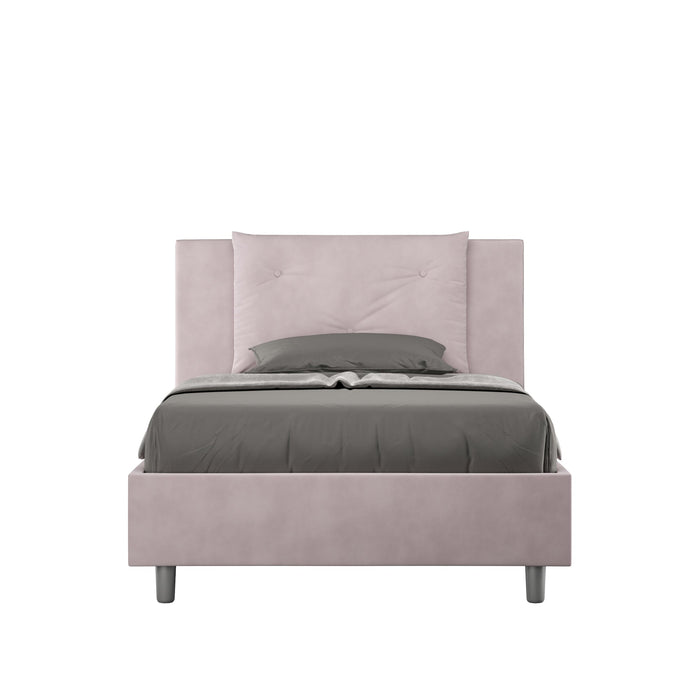 Letto singolo contenitore imbottito Appia 100x210 in microfibra rosa cipria, con testiera elegante e struttura moderna.