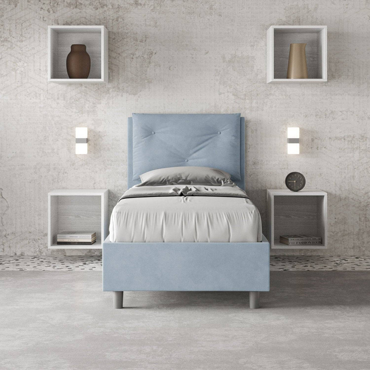 Letto singolo Appia 90x200 in microfibra azzurro con testiera trapuntata, perfetto per ambienti contemporanei e funzionali ITYHOME.